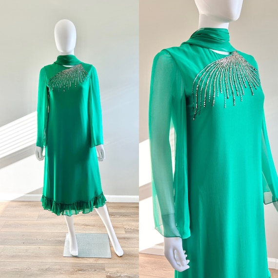 Vintage 1970s Green Chiffon Nat Kaplan Dress / 70… - image 1