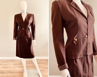 Vintage Late 1930s Brown Wool Gaberdine Skirt Suit / 30s Suit / Size S