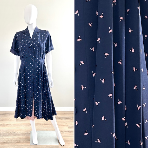 Vintage 1950s Navy Blue Floral Shirt Dress / 50s … - image 1