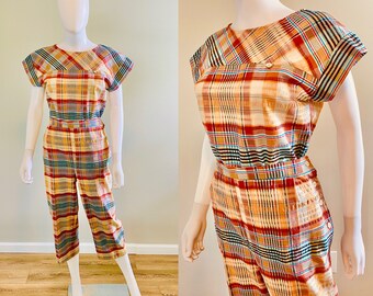 Vintage 1970s Madras Plaid Side Button Capri and Blouse Set / 70s does 1950s cotton pants and top / Size S