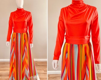 Vintage 1970s Rainbow Chiffon Maxi Dress / 70s Party Dress / Size S M