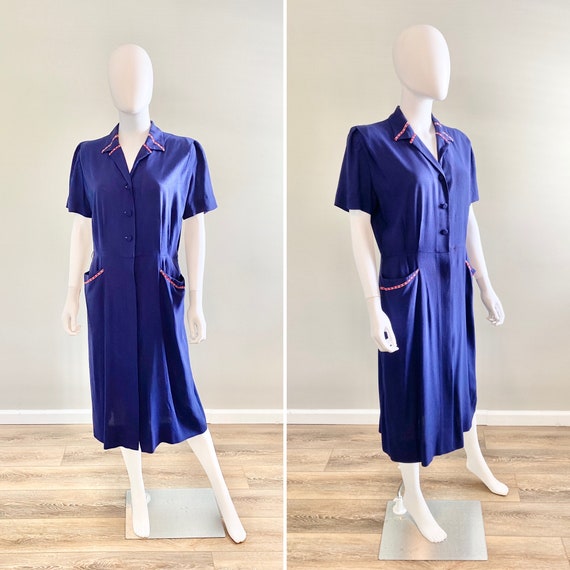 Vintage 1940s Navy Blue Rayon Dress / 40s retro d… - image 1