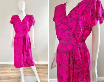 Vintage 1980s Norah Noh Wrap Dress / 80s hot pink silk abstract print dress / Size S M