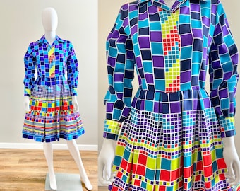 Vintage 1960s Shirtdress / 60s retro blue and purple abstract dress / Size S M