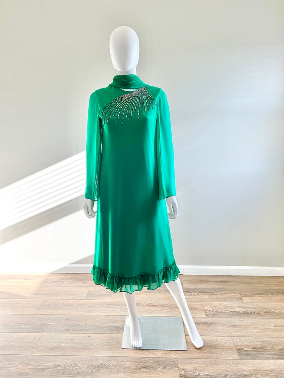 Vintage 1970s Green Chiffon Nat Kaplan Dress / 70… - image 5