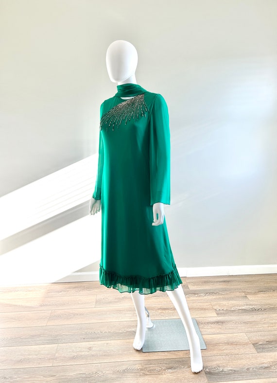 Vintage 1970s Green Chiffon Nat Kaplan Dress / 70… - image 2