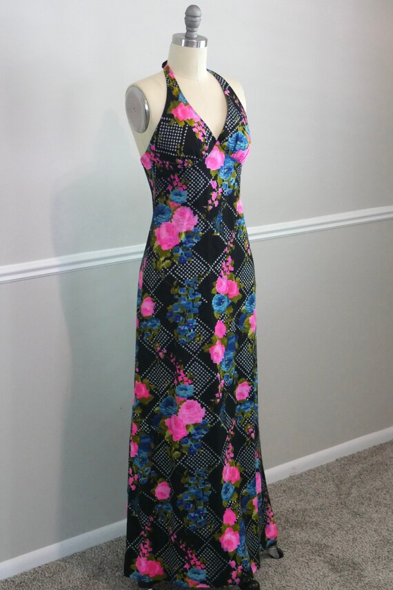 Vintage 1970s Maxi Dress / 70s black boho floral … - image 2