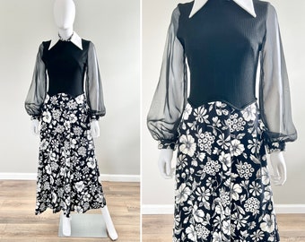 Vintage 1970s Black and White Floral Maxi Dress / 70s Retro Dress with Sheer Balloon Sleeves / Size S M