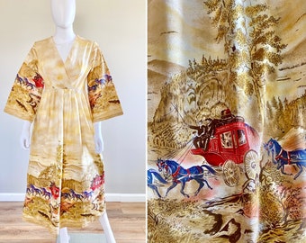 Vintage 1970s John Wolf Stagecoach Novelty Print Maxi Dress / 70s Retro cotton bell sleeve dress / Size S