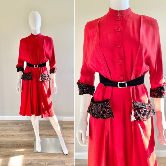 Vintage 1950s Red Rayon Dress / 50s holiday dress… - image 1