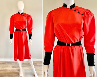 Vintage 1980s Red and Black Holiday Dress / 80s puff sleeve party dress / 1980s does 1940s dress / Size small