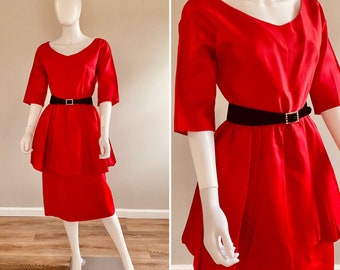 Vintage 1950s Red Wiggle Dress / 50s Holiday Dress / 1950s Party Dress with Peplum / Size M