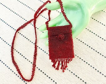 Vintage 1920s Beaded Fringe Necklace / 20s long red coin purse / beaded amulet necklace / beaded necklace bag