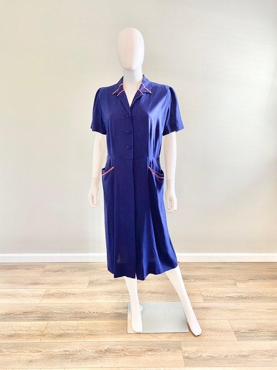 Vintage 1940s Navy Blue Rayon Dress / 40s retro d… - image 5