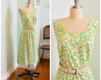 Vintage 1970's Floral Print Sundress / late 70s cotton yellow and green dress with pockets size M 28 waist by Carol Reed