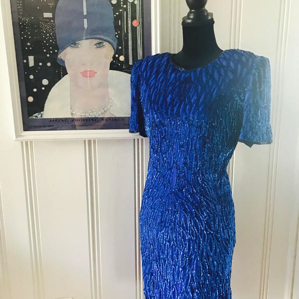 Stenay Electric Blue Sequin Dress/beaded Silk Dress/Vintage 80's Glam Dress/womens Evening wear/blue sequin formal dress/disco dress