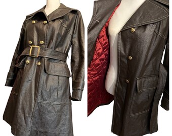 Vintage 60's double breast brown vinyl Mod Peacoat w/ gold buttons/vintage brown peacoat/vintage vinyl jacket/vintage mod winter outerwear