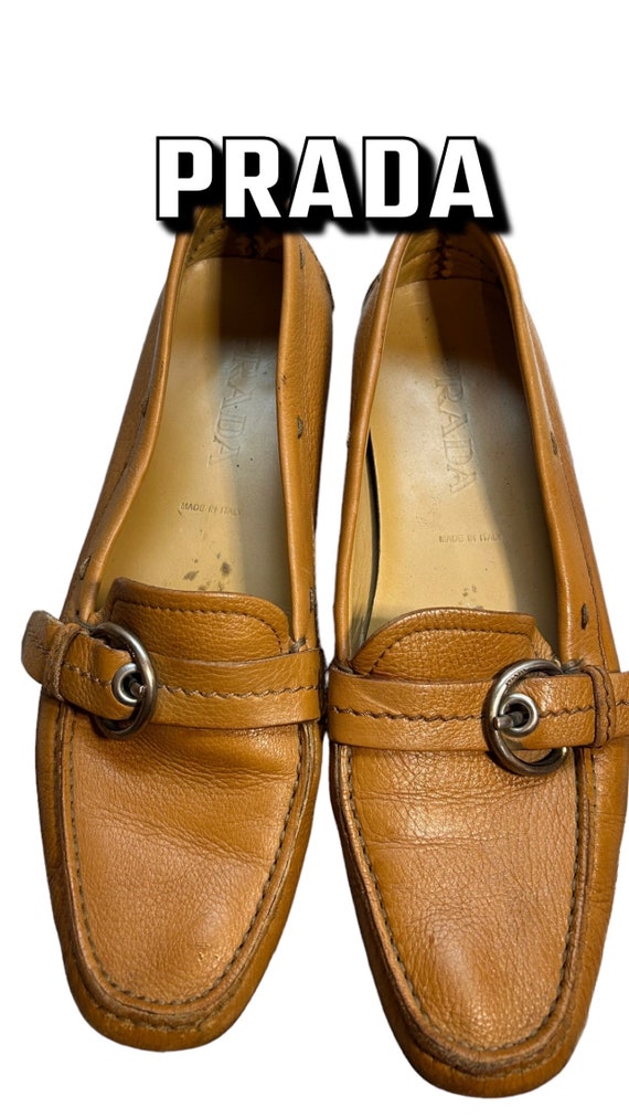 PRADA vintage camel brown tan leather loafers/ Pra