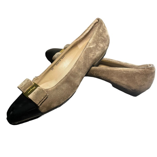 Salvatore Ferragamo two tone suede brown leather heeled pumps with black tips/vintage Salvatore Ferragamo designer shoes