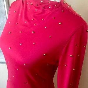 70&#39;s Lee Jordan dark Pink dress| beaded diamond dress|vintage pink formal dress|long dress w/high leg splits