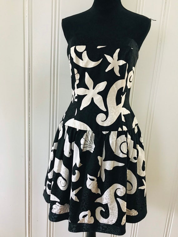 AJ Bari Silk Strapless Dress/Black White Starfish… - image 2