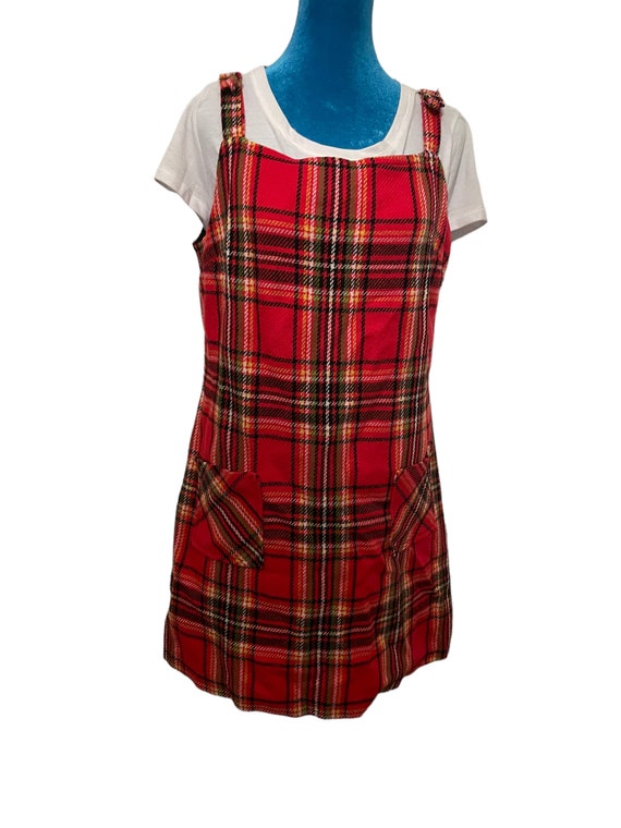 60’s - 70s Vintage Red Plaid Overalls Dress/Vintag