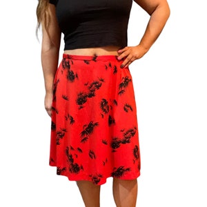 Vintage 70s-80s Red Black Asian Inspired Rayon Skirt/Asian Style Skirt/knee length skirt/Estimated to be size 8 US
