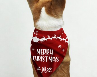 Custom red dog bandana for Christmas, with the name of your pet