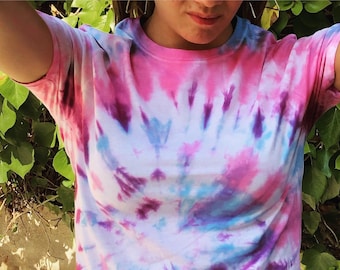 Tie dye Shirt size S, lilac pink and light blue colorful t-shirt, summer tie-dye unisex