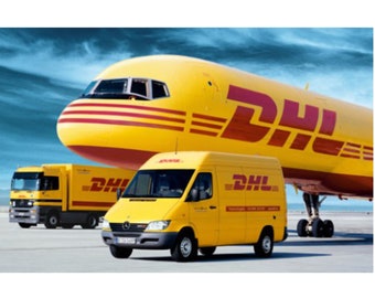May include: A yellow DHL cargo plane, a yellow DHL delivery truck, and a yellow DHL delivery van are parked on a tarmac.