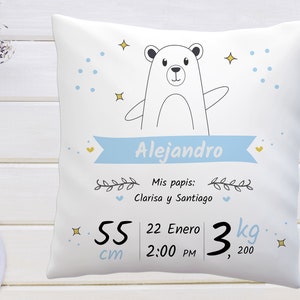 Anuncio de nacimiento almohada nuevo cojín de regalo para bebé almohada personalizada para nuevos padres, frase en español imagen 1