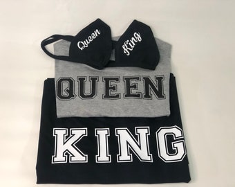 Camisas y Mascarilla Diseño King Queen, combinando camisas de parejas con máscaras faciales, camisa King Queen y máscaras faciales