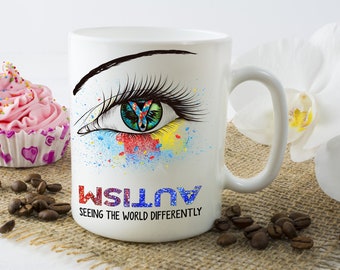 Taza con diseño de conciencia de autismo, hermoso regalo, taza de cerámica blanca con diseño de autismo