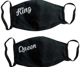 Face mask black print King Queen for couples, black face mask washable adult