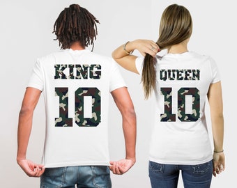 Camo King Queen camiseta personalizada, camisa para regalo de Navidad, camisas a juego para pareja, camiseta King y Queen para pareja