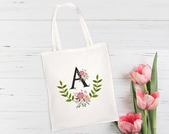 Personalized initial name tote bag, monogrammed custom with initials and flowers