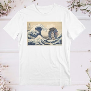 GODZILLA SHIRT, JAPANESE Shirt, The Great Wave Kanagawa Monster Anime Short Sleeve Shirt