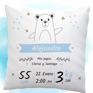 Anuncio de nacimiento almohada nuevo cojín de regalo para bebé almohada personalizada para nuevos padres, frase en español imagen 4