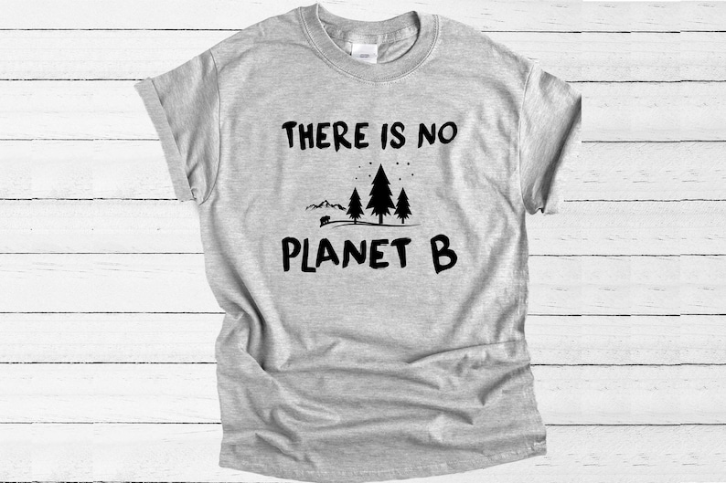 May include: Gray t-shirt with black text that reads "THERE IS NO PLANET B" and a graphic of three pine trees and a bear.