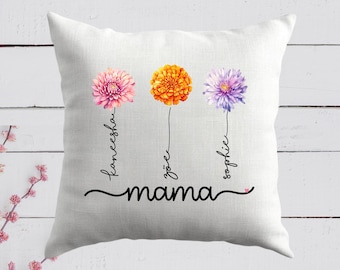 Cojín personalizado para el Día de la Madre - Nombres florales en acuarela - Regalo personalizado para mamá