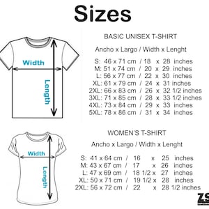 May include: Size chart for unisex and women's t-shirts. The chart shows measurements in both centimeters and inches for different sizes, including S, M, L, XL, 2XL, 3XL, 4XL, and 5XL.