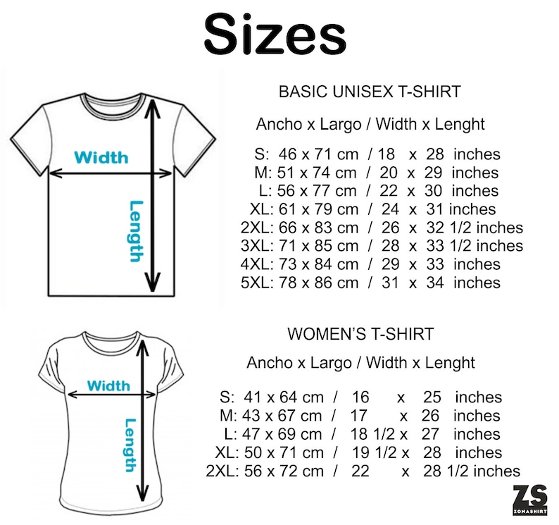 May include: Size chart for unisex and women's t-shirts. The chart shows measurements in both centimeters and inches for different sizes, including S, M, L, XL, 2XL, 3XL, 4XL, and 5XL.