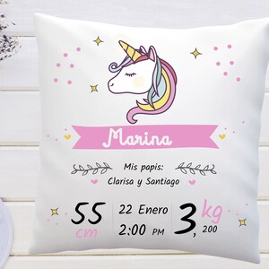 Anuncio de nacimiento almohada nuevo cojín de regalo para bebé almohada personalizada para nuevos padres, frase en español imagen 7