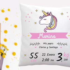 Anuncio de nacimiento almohada nuevo cojín de regalo para bebé almohada personalizada para nuevos padres, frase en español imagen 2