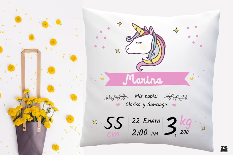 Anuncio de nacimiento almohada nuevo cojín de regalo para bebé almohada personalizada para nuevos padres, frase en español imagen 2