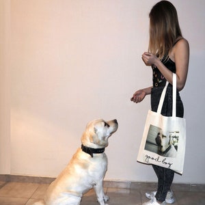 Pet photo tote bag, Custom pet portrait, xmas gift, pet lover gift, pet memorial, dog photo bag, cat photo bag, custom dog portrait image 1
