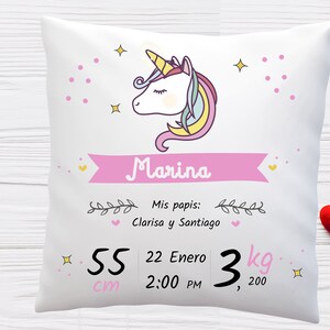 Anuncio de nacimiento almohada nuevo cojín de regalo para bebé almohada personalizada para nuevos padres, frase en español imagen 5