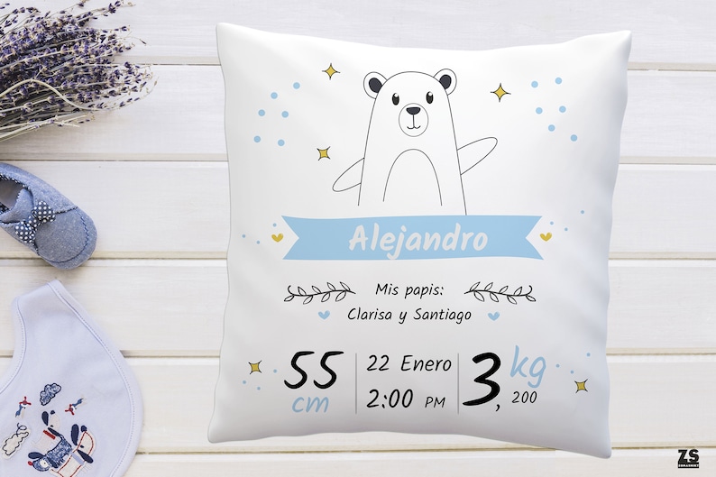 Anuncio de nacimiento almohada nuevo cojín de regalo para bebé almohada personalizada para nuevos padres, frase en español imagen 1