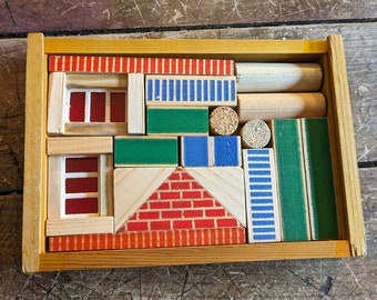 Vintage toy, construction puzzle, vintage German toy, building blocks, wooden build toy, mid century toy, house puzzle