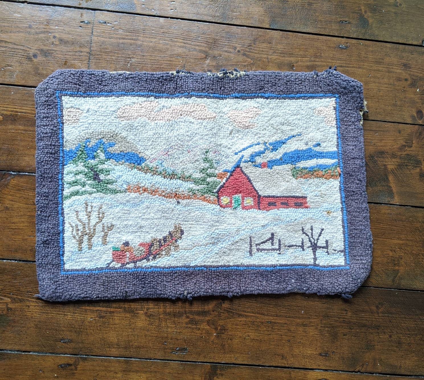 Vintage Rug Small 50s Rug Snow Scene Vintage Winter Scene Etsy UK